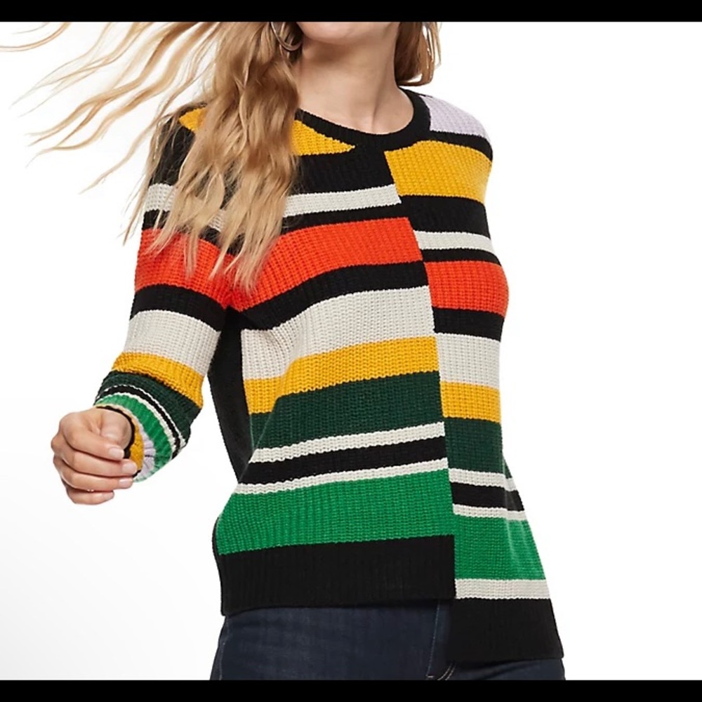 Colorful striped asymmetrical sweater.